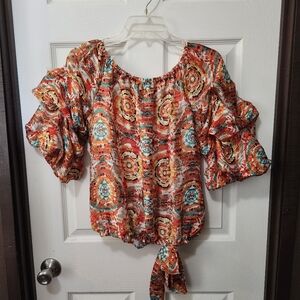 Multicolored Boho Chic Feminine Metallic Stripe Puff Ruffle Sleeve Sz M